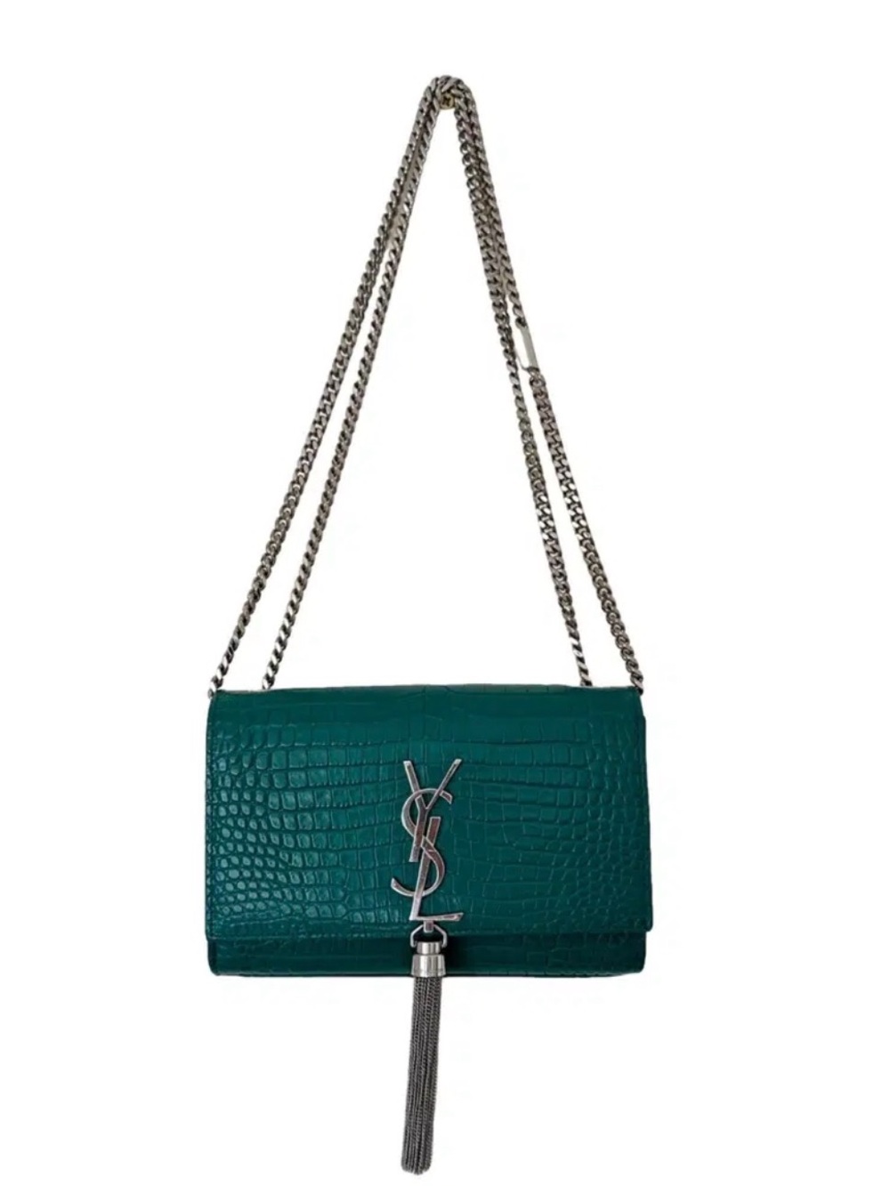 Yves Saint Laurent 2018 Kate Green Croc-Embossed Leather Bag with Silver Tassel
